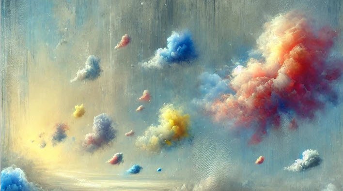 Quadro surrealista com nuvens de várias cores para ilustrar o tema do poema "No Entre", que retrata os 5 sentidos do siêncio...